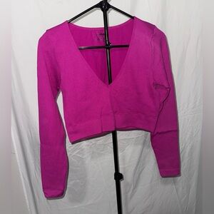 Garage Stella Long Sleeve Seamless Plunge Crop Top Magenta Pink Ribbed